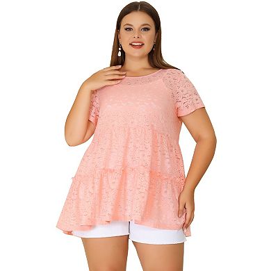Women's Plus Tunic Tiered Lace Round Neck Short Sleeve Peplum Tops