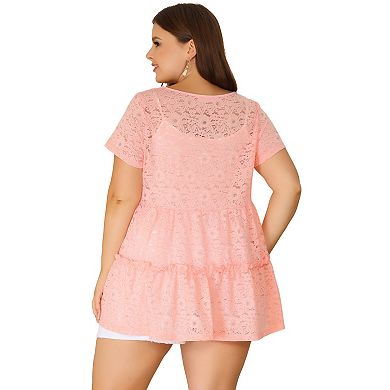 Women's Plus Tunic Tiered Lace Round Neck Short Sleeve Peplum Tops