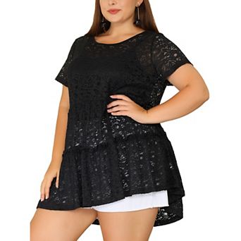 Women's Plus Tunic Tiered Lace Round Neck Short Sleeve Peplum Tops