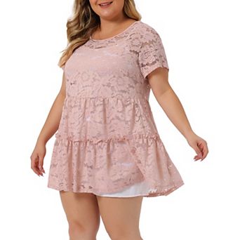 Women's Plus Tunic Tiered Lace Round Neck Short Sleeve Peplum Tops