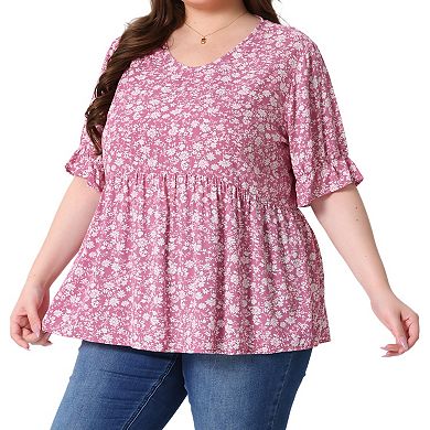 Women's Plus Size Summer Floral Ruffle Sleeve Babydoll Blouses