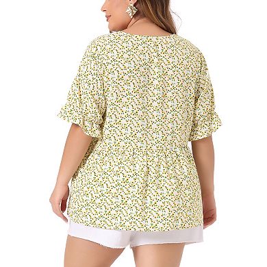 Women's Plus Size Summer Floral Ruffle Sleeve Babydoll Blouses