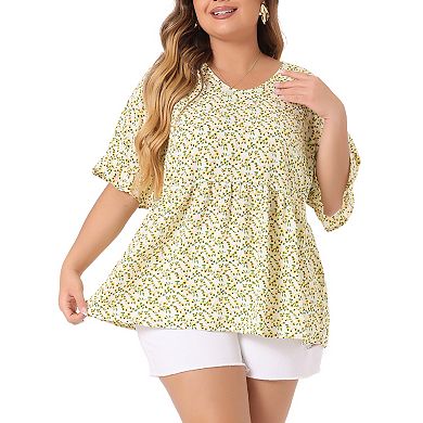Women's Plus Size Summer Floral Ruffle Sleeve Babydoll Blouses