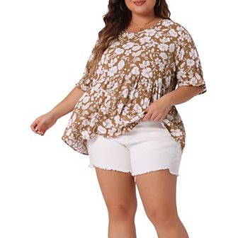 Women's Plus Size Summer Floral Ruffle Sleeve Babydoll Blouses