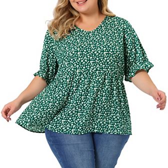 Women's Plus Size Summer Floral Ruffle Sleeve Babydoll Blouses