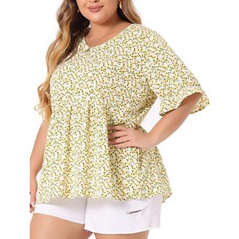 Women's Plus Size Summer Floral Ruffle Sleeve Babydoll Blouses