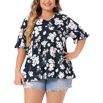 Women's Plus Size Summer Floral Ruffle Sleeve Babydoll Blouses