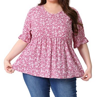 Women's Plus Size Summer Floral Ruffle Sleeve Babydoll Blouses