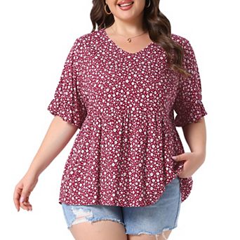 Women's Plus Size Summer Floral Ruffle Sleeve Babydoll Blouses