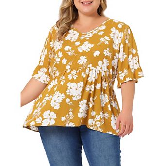 Women's Plus Size Summer Floral Ruffle Sleeve Babydoll Blouses