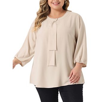 Women's Plus Size Round Neck Tie Front Ruffle Chiffon Work Blouse