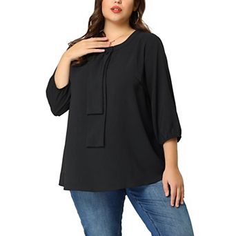 Women's Plus Size Round Neck Tie Front Ruffle Chiffon Work Blouse