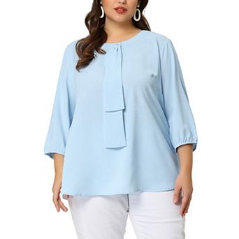 Women's Plus Size Round Neck Tie Front Ruffle Chiffon Work Blouse