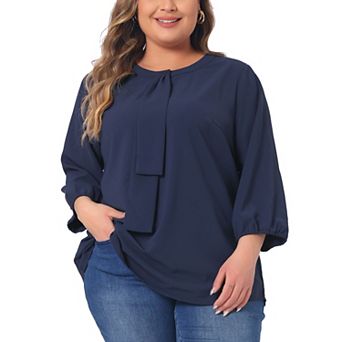 Women's Plus Size Round Neck Tie Front Ruffle Chiffon Work Blouse