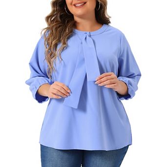 Women's Plus Size Round Neck Tie Front Ruffle Chiffon Work Blouse
