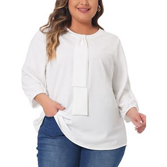 Women's Plus Size Round Neck Tie Front Ruffle Chiffon Work Blouse