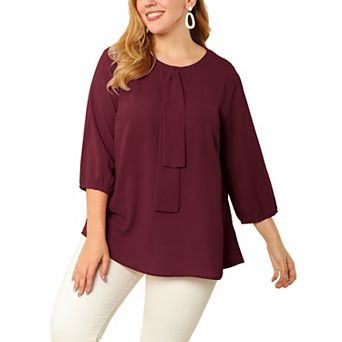 Women's Plus Size Round Neck Tie Front Ruffle Chiffon Work Blouse