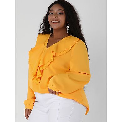 Women's Plus Size Winter Work Formal Ruffle V Neck Chiffon Blouse