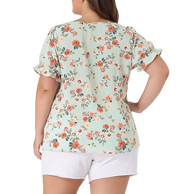 Women's Plus Blouse V Neck Ruffle Sleeve Floral Top