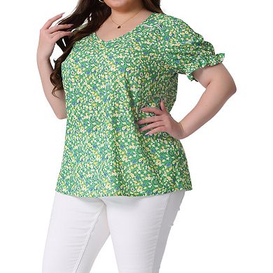 Women's Plus Size Floral Tops V Neck Ruffle Short Sleeve Blouses Chic Summer Tops