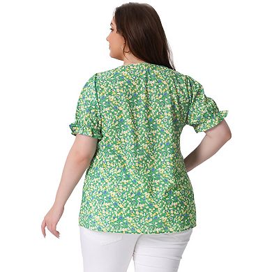 Women's Plus Size Floral Tops V Neck Ruffle Short Sleeve Blouses Chic Summer Tops