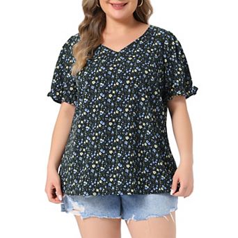Women's Plus Size Floral Tops V Neck Ruffle Short Sleeve Blouses Chic Summer Tops