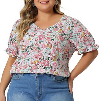 Women's Plus Size Floral Tops V Neck Ruffle Short Sleeve Blouses Chic Summer Tops