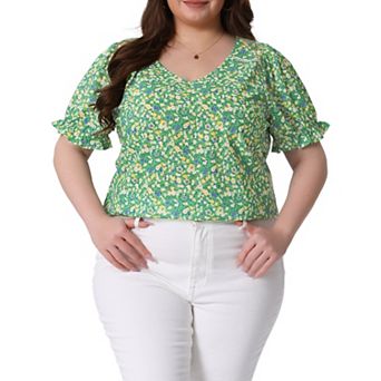 Women's Plus Size Floral Tops V Neck Ruffle Short Sleeve Blouses Chic Summer Tops