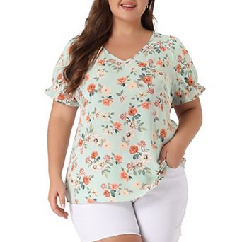 Women's Plus Size Floral Tops V Neck Ruffle Short Sleeve Blouses Chic Summer Tops