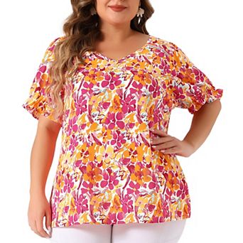 Women's Plus Size Floral Tops V Neck Ruffle Short Sleeve Blouses Chic Summer Tops