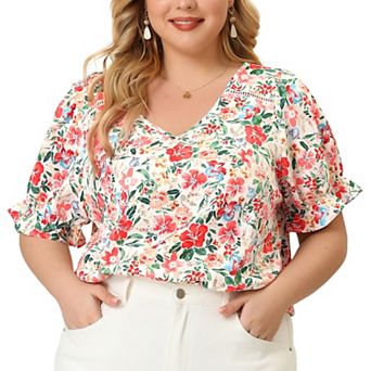 Women's Plus Size Floral Tops V Neck Ruffle Short Sleeve Blouses Chic Summer Tops