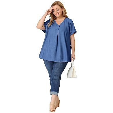 Women's Plus Blouse Casual V Neck Short Sleeve Chambray Tops