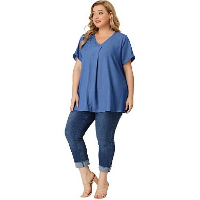 Women's Plus Blouse Casual V Neck Short Sleeve Chambray Tops