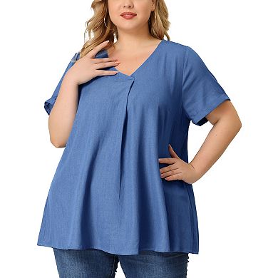 Women's Plus Blouse Casual V Neck Short Sleeve Chambray Tops