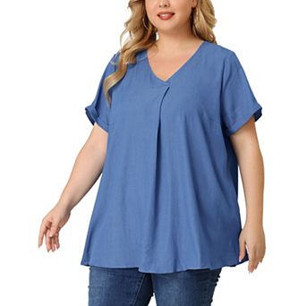 Women's Plus Blouse Casual V Neck Short Sleeve Chambray Tops