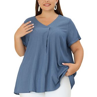 Women's Plus Blouse Casual V Neck Short Sleeve Chambray Tops