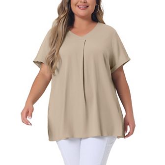 Women's Plus Blouse Casual V Neck Short Sleeve Chambray Tops