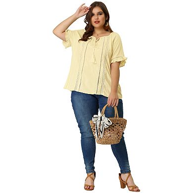 Women's Plus Size Tie Neck Summer Tops Hollow Out Ruffle Short Sleeve Blouse