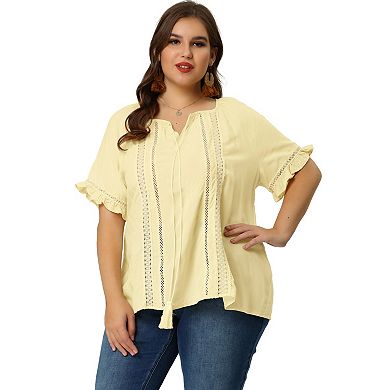 Women's Plus Size Tie Neck Summer Tops Hollow Out Ruffle Short Sleeve Blouse