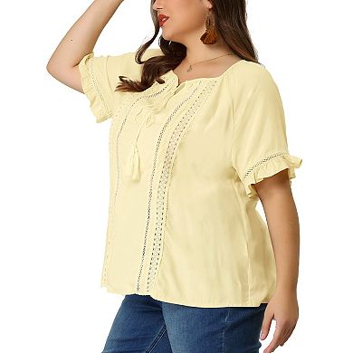 Women's Plus Size Tie Neck Summer Tops Hollow Out Ruffle Short Sleeve Blouse