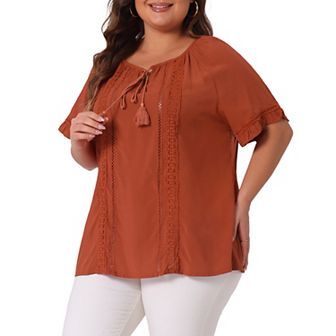 Women's Plus Size Tie Neck Summer Tops Hollow Out Ruffle Short Sleeve Blouse