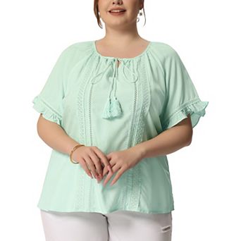 Women's Plus Size Tie Neck Summer Tops Hollow Out Ruffle Short Sleeve Blouse