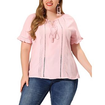 Women's Plus Size Tie Neck Summer Tops Hollow Out Ruffle Short Sleeve Blouse