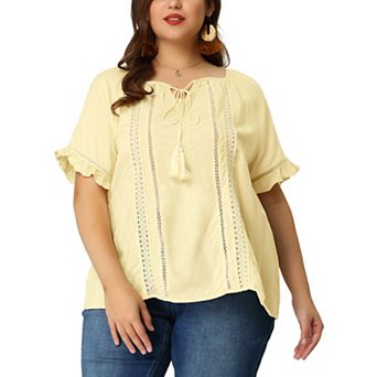 Women's Plus Size Tie Neck Summer Tops Hollow Out Ruffle Short Sleeve Blouse