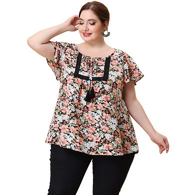 Women's Plus Chiffon Tie Neck Tassel Lace Insert Flare Sleeve Floral Tops