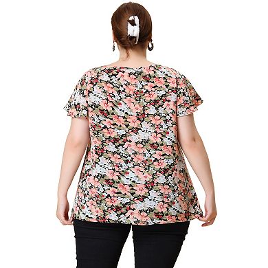 Women's Plus Chiffon Tie Neck Tassel Lace Insert Flare Sleeve Floral Tops