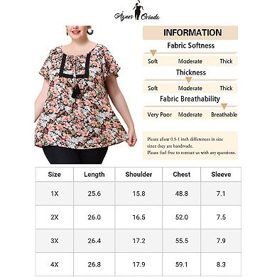Women's Plus Chiffon Tie Neck Tassel Lace Insert Flare Sleeve Floral Tops