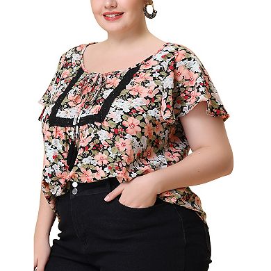 Women's Plus Chiffon Tie Neck Tassel Lace Insert Flare Sleeve Floral Tops