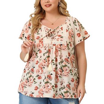 Women's Plus Chiffon Tie Neck Tassel Lace Insert Flare Sleeve Floral Tops
