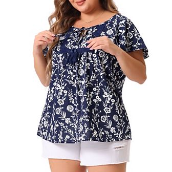 Women's Plus Chiffon Tie Neck Tassel Lace Insert Flare Sleeve Floral Tops